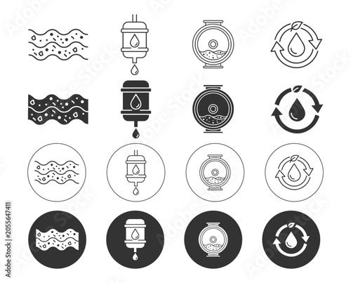 Water Filtration and Recycling Line and Solid Icons Set.