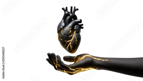 Quadro su tela Black anatomical heart with glowing golden veins levitating above a dark hand, i