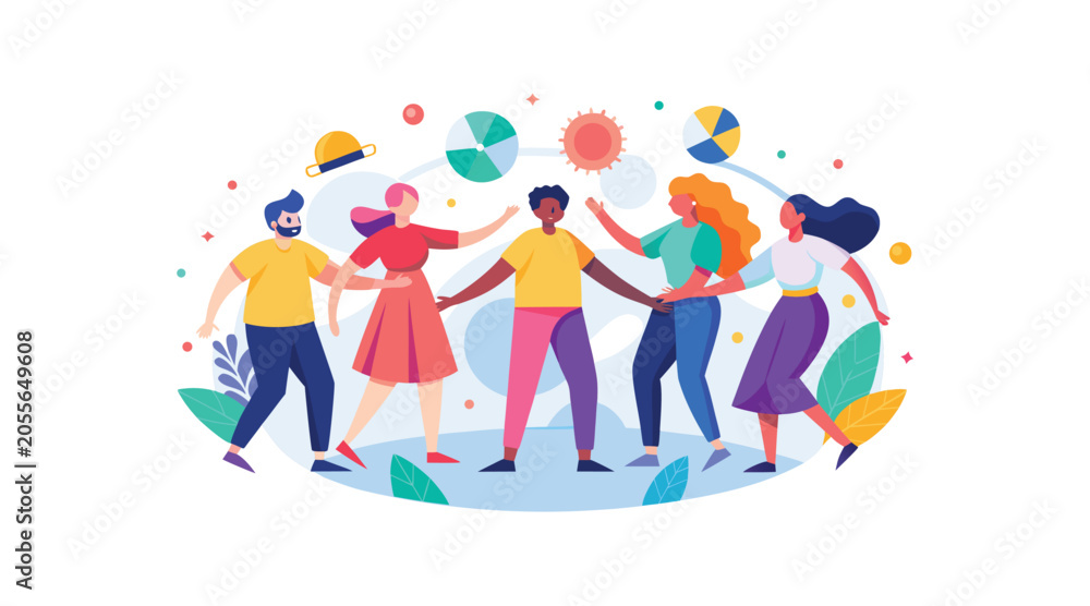 Fototapeta premium Diverse group of people holding hands in a colorful circle with balloons