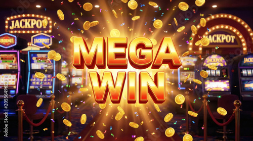 Mega win text with flying gold coins and confetti in casino slot machine background