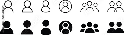 Collection of ten Grainy black and outline user icons representing single individuals and groups on a white background