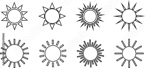 Collection of eight outline sun icons with varying ray designs on a Grainy white background symbol weather