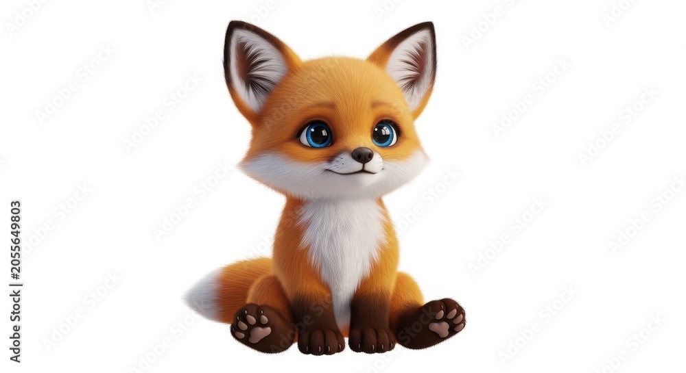 Fototapeta premium A cute baby fox with bright blue eyes sitting down, isolated on white background