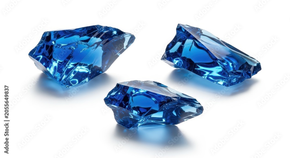 Fototapeta premium Three raw blue sapphire gemstones isolated on white background