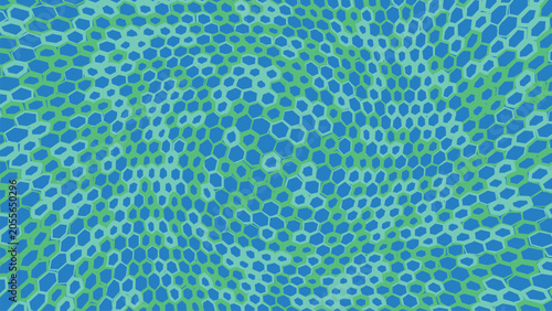Abstract geometric pattern with green hexagons on blue background