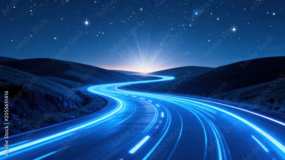 Fototapeta premium Starry night road with glowing light trails
