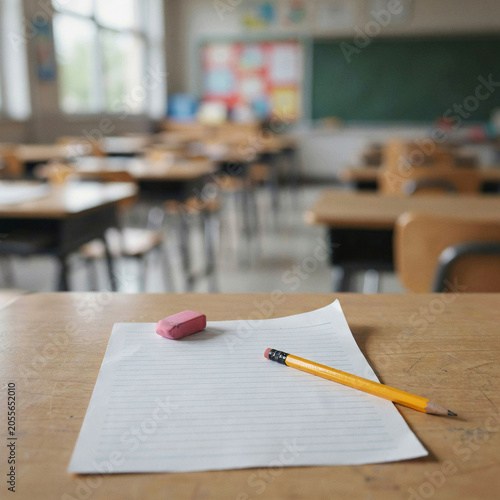 Paper sheet sits centered on a wooden desk accompanied by a single pencil and a small pink rubber eraser.