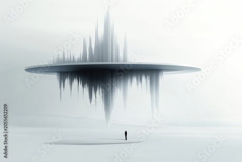 Surreal Conceptual Art Featuring Abstract Sound Waveforms Above a Solitary Figure in an Ethereal Landscape