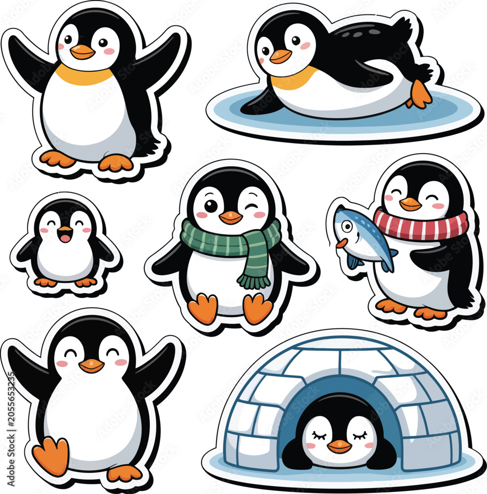 Obraz premium All the Feels Penguin Character Sticker Sheet, Cute Winter Polar Bird Mascot Vector