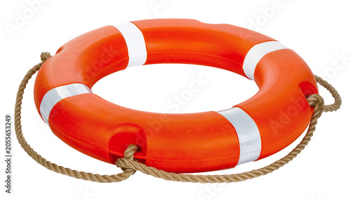 Фотография Bright orange life preserver ring with rope and reflective stripes, isolated on