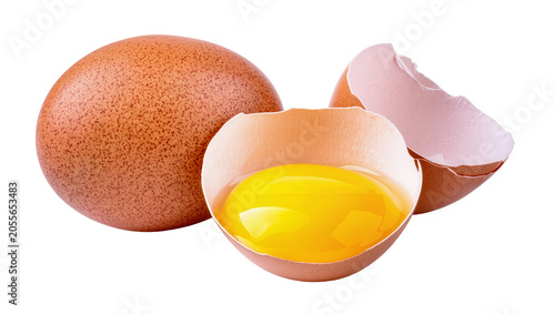 Canvastavla Brown speckled egg cracked egg with yolk, and shell fragments isolated on transp