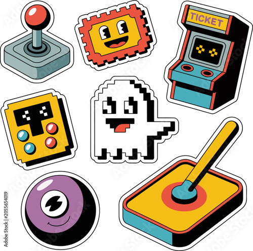 Connectioneering Retro Arcade Character Sticker Sheet, Cute Vintage Gaming Console Mascot Vector