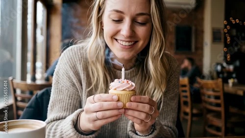 Happy young woman holding a cupcake with a lit candle while celebrating her birthday in a cozy cafe. Lifestyle moment capturing joy, wishes, friendship, and simple celebrations.