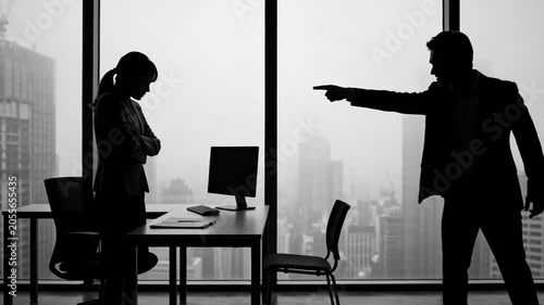 Silhouettes of a manager confronting an employee in a modern office setting. Concept of workplace conflict, toxic leadership, discrimination, harassment, termination, and organizational challenges.
