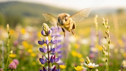 Honey bee hovering above a colorful wildflower meadow on a sunny day. Ideal visual for pollination, biodiversity, ecosystem health, sustainable agriculture, and environmental conservation.
