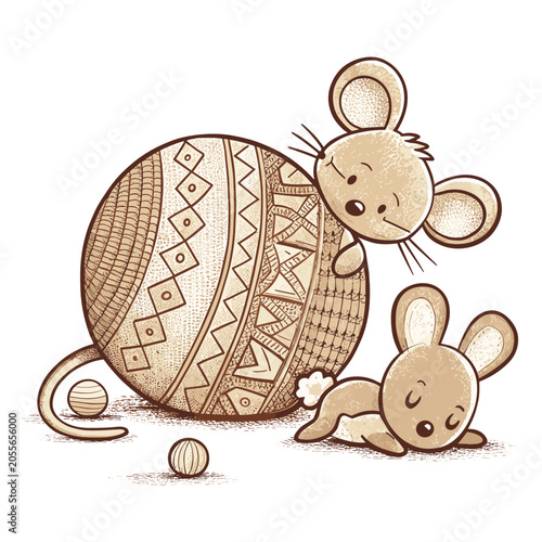 Cartoon mice playing and resting with a patterned ball  