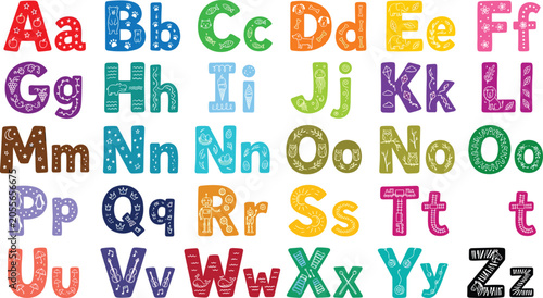 Colorful hand drawn alphabet with cute animal and object patterns for learning and educational school posters.