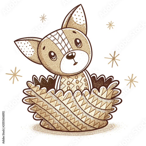 Cute cartoon dog peeking from decorative basket with stars  