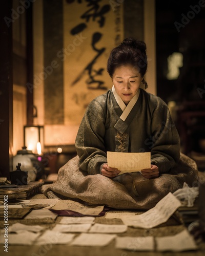 전통 한복을 입고 서신을 읽는 여인의 시네마틱 초상화