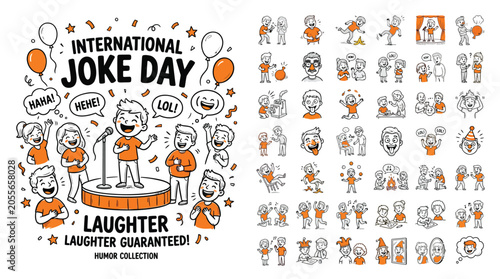 International Joke Day humor collection, 40 hand drawn icons of people laughing and telling jokes, orange and black doodle vector set for comedy events