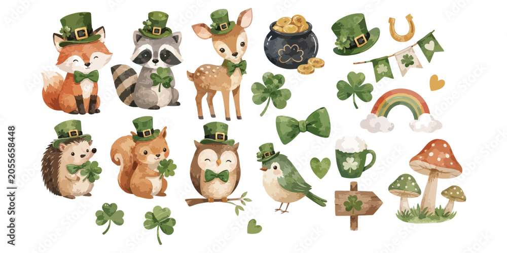 Fototapeta premium Watercolor cute woodland animals St Patricks Day green holiday set