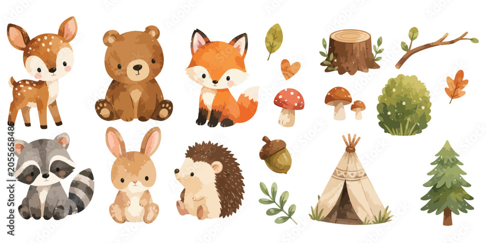 Obraz premium Watercolor cute woodland animals and tribal forest camping elements set