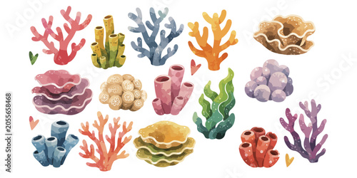 Bild auf Leinwand Watercolor colorful ocean coral reefs and sea anemone botanical set