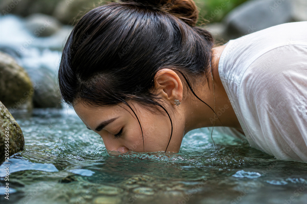 Fototapeta premium Woman drinking water from mountain stream in nature