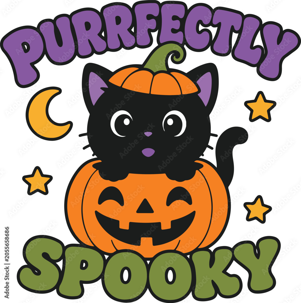 Fototapeta premium Cute Halloween black cat peeking out of a jack-o-lantern with text 'Purrfectly Spooky' and moon and stars