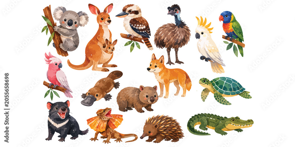 Obraz premium Watercolor Australian wildlife animals and native fauna collection