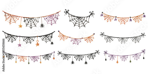Watercolor Halloween spiderweb garlands and spooky bunting banners set