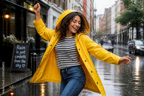 Woman dancing in yellow raincoat on wet city street