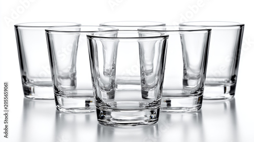 A set of glass drinking cups isolated on a white background, transparent reflections, ultra detailed.