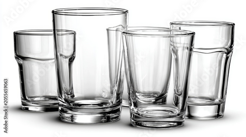 A set of glass drinking cups isolated on a white background, transparent reflections, ultra detailed.