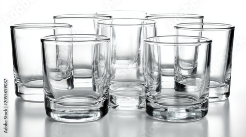 A set of glass drinking cups isolated on a white background, transparent reflections, ultra detailed.