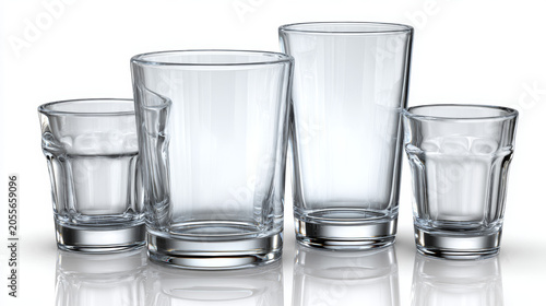 A set of glass drinking cups isolated on a white background, transparent reflections, ultra detailed.