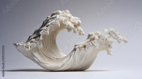 A single ocean wave made of folded paper, sculptural form, studio lighting, white background.