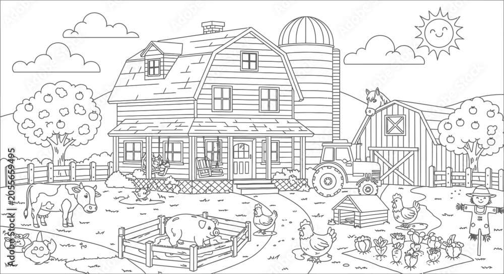 Obraz premium Farm scene coloring page vector line drawing for books and artistic activities