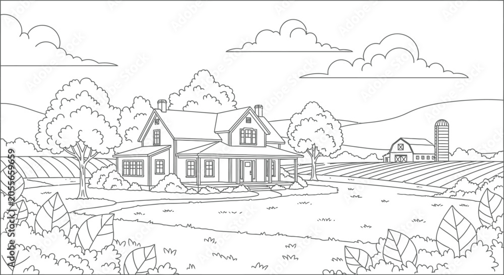 Fototapeta premium Farmhouse coloring page vector illustration line art drawing for books activities