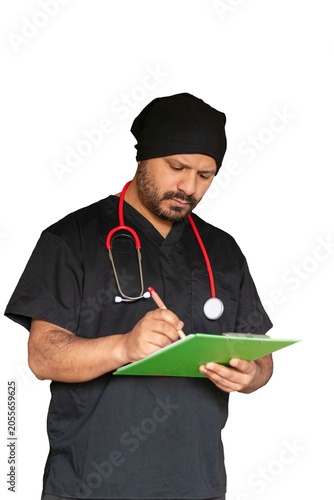 Male healthcare professional writing on a green clipboard isolated on white background