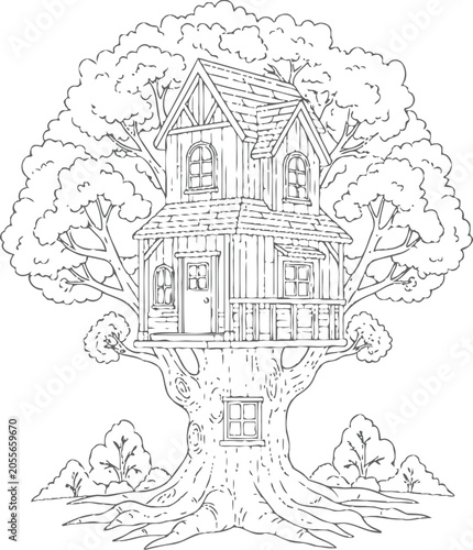 Treehouse coloring page vector detailed line drawing for books and art therapy