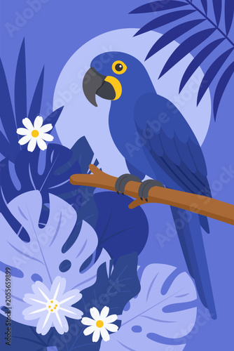 Hyacinth macaw perched among tropical leaves and flowers. Elegant flat vector bird illustration for nursery art, posters and wildlife decor.