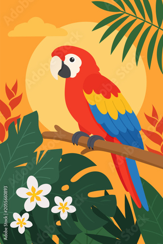 Scarlet macaw perched on a branch among tropical foliage and flowers. Bright flat vector illustration for nursery art, posters and decor.