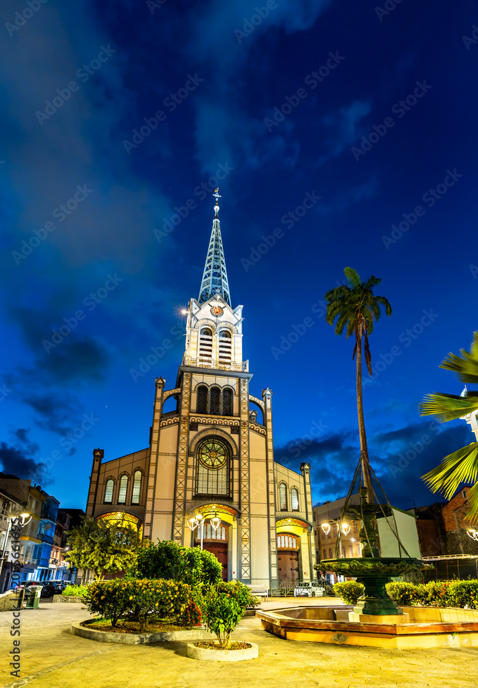 Obraz premium The illuminated St. Louis Catholic Cathedral stands tall at twilight in a public square with a fountain and palm trees in Fort-de-France, Martinique, Caribbean France