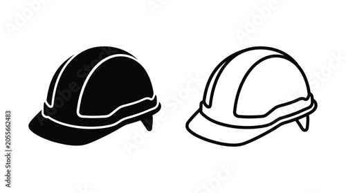Construction helmets black and white line art on a white background
