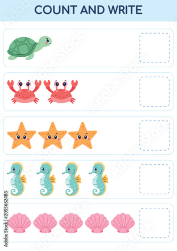 Count and Write Sea Animals Worksheet for Kids, Ocean Math Activity, Preschool Counting Printable. Vector illustration isolated