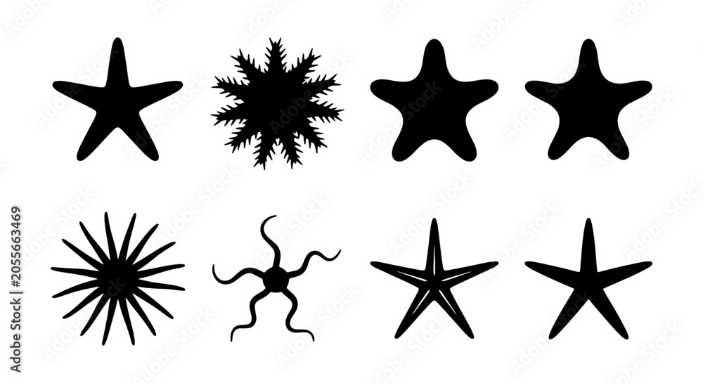 Obraz premium Starfish Icons Set, Marine Life Vector Graphics, Ocean Creatures Silhouettes, Nautical Elements Collection