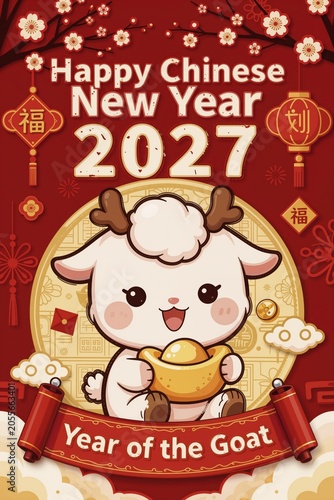 lunar new year 2027 cheerful goat themed greeting card with red and gold festive background