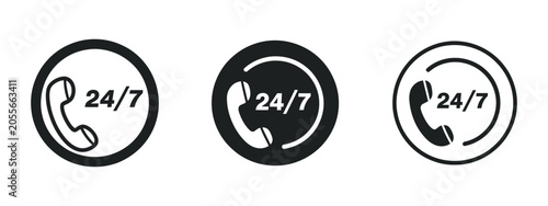 Twenty four seven call center support vector icons set, 24/7 customer care and helpline icons for contact center and service applications