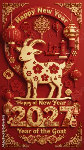 Goat zodiac chinese new year papercut style greeting card with red and gold lanterns floral circle frame
